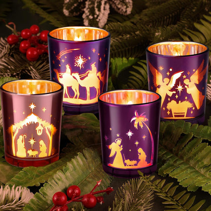 4 Pcs Advent Candle Holders Nativity Glass Purple Pink Tealight