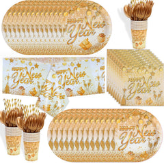 121 Pcs New Years Eve Party Supplies Dinnerware Set, Happy New Years White Gold Tablecloth Banner Plates Cups Napkins