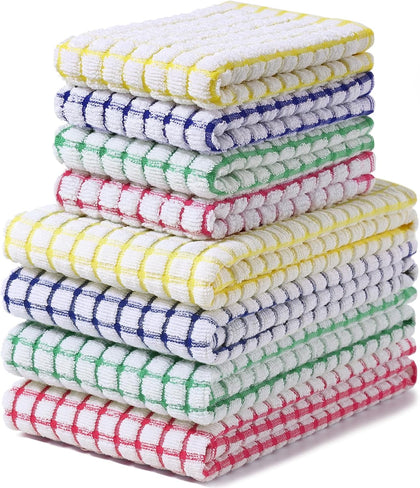 Kitchen Towels and Dishcloths Set, Set of 8, Blue/Yellow/Red/Green | Cotton Terry Kitchen Dish Towels, Super Soft and