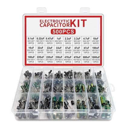 24 Value 0.1uF to 1000uF Electrolytic Capacitor Assortment Kit - 10V 16V 25V 50V in-line Aluminum Capacitors Set for DIY Electronics Repair (500PCS)