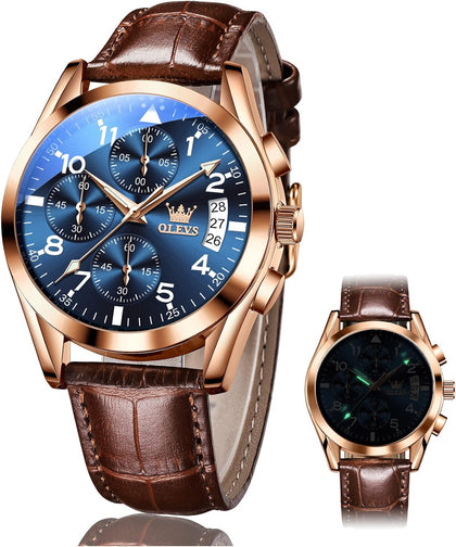 Watches for Men Case Waterproof Watches Leather Band Day Date Mens Watch Analog Quartz Chronograph Wristwatches
