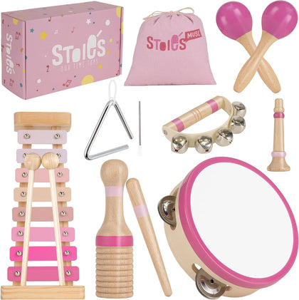 Stoie’s Pink Wooden Musical Instruments for Toddlers Ages 3+, Montessori Music Toy Set with Xylophone, Tambourine