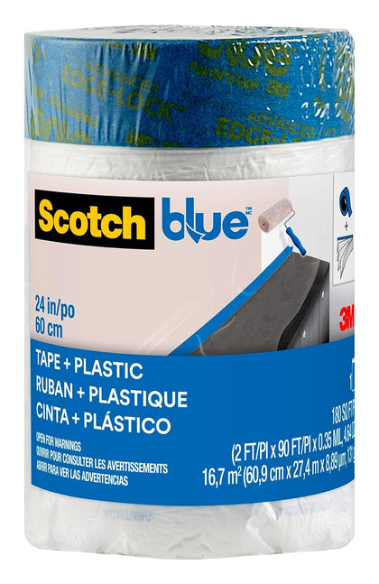 Pre Plastic Painters Tape, 24 in x 30yd, Tape & Masking Film Combined in One Product, Static Cling to Stay in One