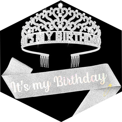 Silver Its My Birthday Sash and Crown for Women Girls Birthday Accessories for Women Princess Tiara Crown for Adult