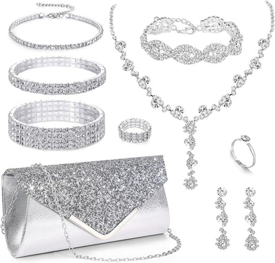 10 Pcs Silvery Rhinestone Jewelry Set for Women Bride Wedding Prom Jewelry Evening Rhinestone Sparkly Clutch Purse Bag