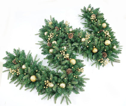 9FT Pre-Lit Artificial Christmas Garland with 50 Led Light, Green, Decorated with Pine Cones, Glitter Powder Gold