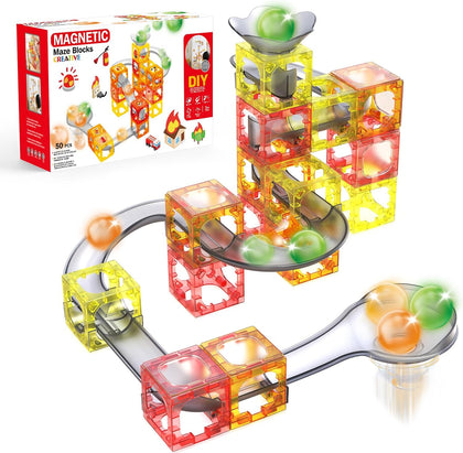50Pcs Marble Run with Race Track Rolling Ball Set with Magnetic Brackets,Tiles and Marble Tracks,3-in-1 Building