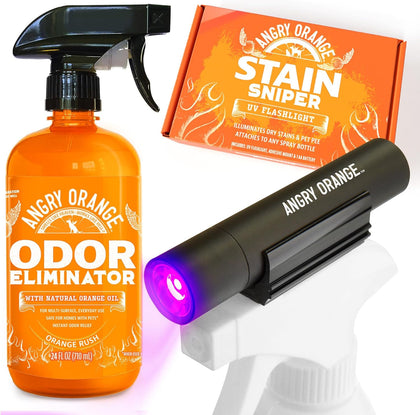 Pet Odor Eliminator Kit for Dog/Cat Urine, 24oz Citrus Odor Eliminator Spray and Stain Sniper Flashlight - NEW Orange