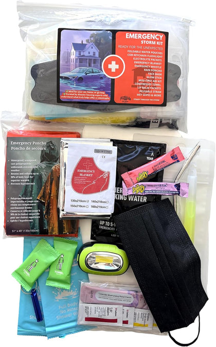 Emergency Survival Kit for Hurricane, Storm, Tornado Preparedness | Insulated Poncho, Flashlight, Emergency Blanket