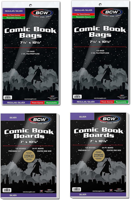 Thick Resealable Silver Comic Bags and Backing Boards, 200 Count Each | Includes 200 wider resealable sleeves for