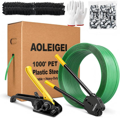 Banding Strapping Kit, 5/8” x 1000’ Heavy Duty Pallet Strapping Kit >1500lbs Tensile Strength, Includes Banding Tool