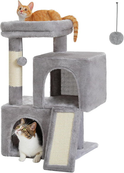 Cat Tree, 30 Inches Cat Tower with Dual Condos for Indoor Cats, Plush Cat House with Padded Perch, Scratching Ramp