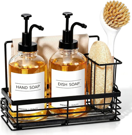 Kitchen Soap Dispenser Set, 16.9 oz/500 ml Hand and Dish Soap Dispenser Set, Glass Soap Dispenser with Sponge Holder