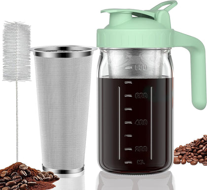 Cold Brew Coffee Maker, 32 oz Glass Mason Pitcher | 100μm stainless steel filter, wide mouth design, leak-proof lid