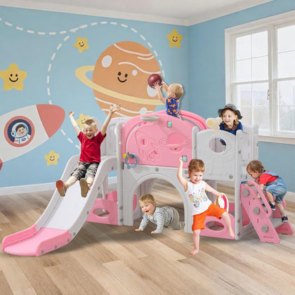 12 in 1 Space Adventure Playset for Toddlers Aged 3+ Astronaut-Themed Toddler Slide, Telescope, Basketball Hoop &