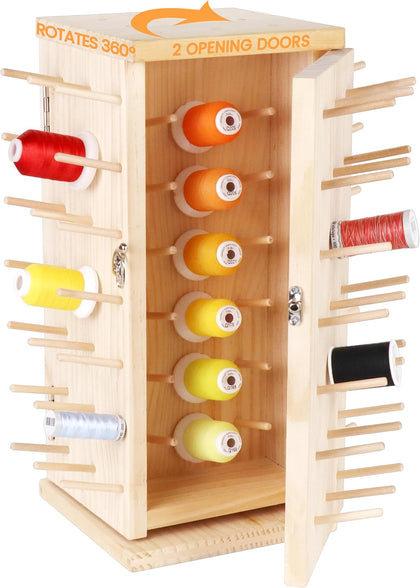 129 Spools 360° Fully Rotating Wooden Thread Rack | Thread Holder with 2 Doors, Inner Space Holds≤500M Thread Spools.