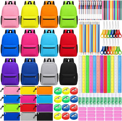 168 Pcs Backpacks Bulk with School Kits Pencil Bags Pens Rulers Glue Sticks Scissors Sharpeners Erasers (Classic)