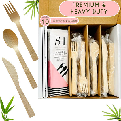 SWEET HOME Bamboo Utensils Disposable Set of 180 pcs 70 Forks 40 Spoons and 70 knives 100% Compostable - Bamboo