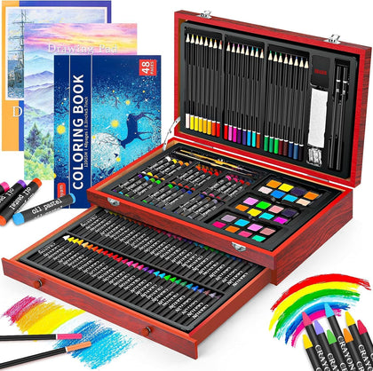 Art Supplies, 150-Pack Deluxe Wooden Art Set Crafts Drawing Painting Kit with 2 -Sketch Pads, 1-Coloring Book, Gift