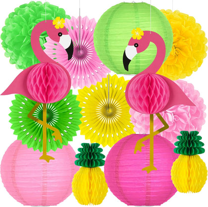 13PCS Hawaiian Party Decorations, Luau Party Decorations, Flamingo and Pineapple Honeycomb Paper Flowers Fans and