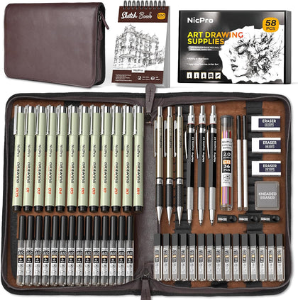 58 PCS Art Drawing Supplies Kit in Leather Case, Art Mechanical Pencil Set with 6 Metal Drafting Pencil 0.5 & 0.7 &