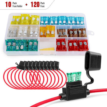 50029R 120 Pcs Standard Blade Fuse 5A/7.5A/10A/15A/20A/25A/30A AMP Assorted Set with 10 Pack 14AWG ATC/ATO Inline