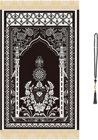Prayer Mat Ramadan Gifts - Portable Black Prayer Rug Islamic Muslim Tasbih Beads, Praying Carpet for Islamic Man