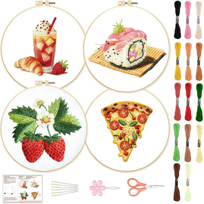 4 Set Strawberry Embroidery Kit with Hoops for Adult Beginners | Food/Drink Needlepoint Craft Kits Complete DIY