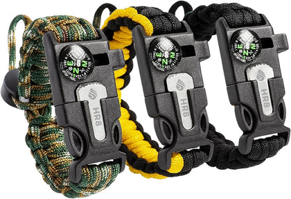 Paracord Survival Bracelet (3 Pack) – Adjustable Paracord Bracelets, Hunting Gear with Fire Starter, Compass, Whistle