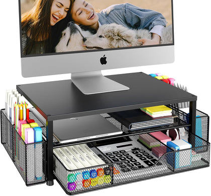 Desk Organizer and Accessories, 2-Tier Computer Monitor Stand Riser with Drawer and 2 Pen Holders, Laptop Stand