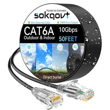 Cat6a Ethernet Cable Slim 50ft Outdoor&Indoor, 28AWG Pure Copper Cat6 Internet Cable for Waterproof & Direct Burial