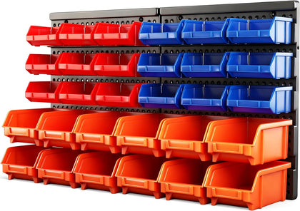 Wall Mounted Storage Bins Parts Rack 30PC Organizer Garage Plastic Shop Tool for Men's Gift, Blue,Orange,Red