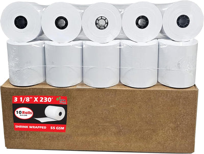 (10 Rolls) 3 1/8 x 230 Thermal Paper Receipt Rolls (55 GSM - 80mm x 70m) Fits All POS Cash Registers TM-T88III