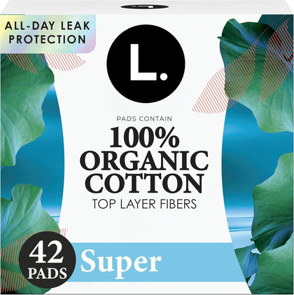L. Ultra Thin Pads for Women, Organic Cotton Top Layer, Super Absorbency, Menstrual Pads with Wings, Made Without