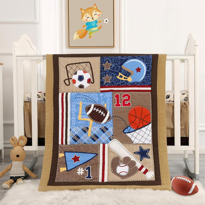 Sports Mini Crib Bedding Set Boys Brown 3PCs Mini Crib Comforter Set Basketball Baseball Rugby Nursery Bedding Sets