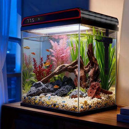 5 Gallon Glass Fish Tank, Aquarium Starter Kit, Aquarium Kit with Quiet Filter Pump, 3-Color LED Lights, Simpel