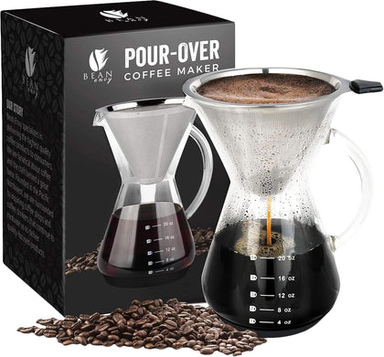 Pour Over Coffee Maker - Glass Dripper with Steel Filter 20 Oz | Dishwasher Safe, Borosilicate Carafe, Reusable