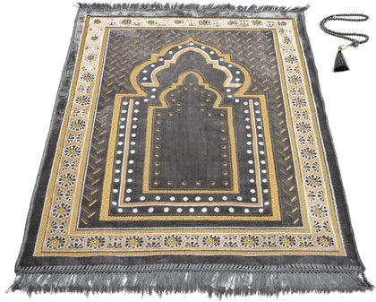 Turkish Muslim Prayer Rug, Mat with Beads for Men Women, Ramadan Hajj Gift (Gray)