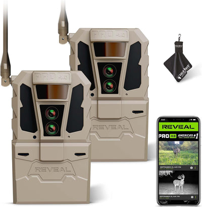 Reveal Pro 4.0 Cellular Trail Camera (2PK) + Microfiber Cloth | Night Vision, Waterproof, Dual Sensors, 4K Photo &