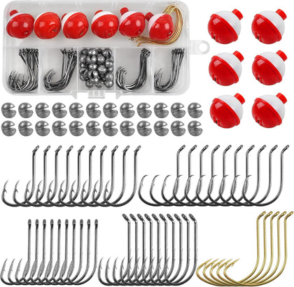 Fishing Bobbers Tackle Kit Beginners Equipment,75pcs Include Fishing Hooks Bobbers Sinker Weights,Basic Starter Kit