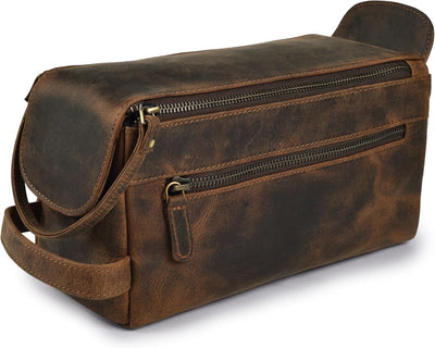 Genuine Leather Travel Toiletry Bag - Water-Resistant Dopp Kit for Toiletries, Large Shaving Bag & Bathroom Organizer