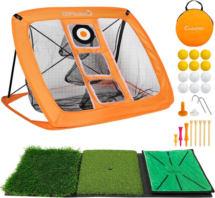 Golf Chipping Net Set,Pop Up Net with Durable Rubber Training Mat,10 Golf Tees,6 Practice Balls,6 Foam Balls and