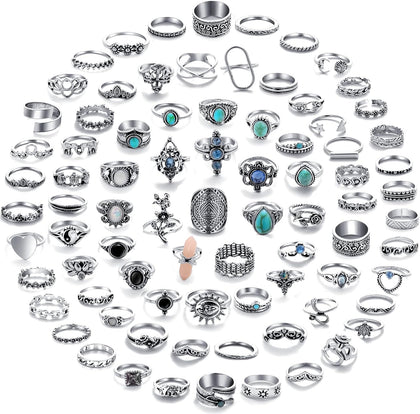 82 Pcs Vintage Silver Knuckle Rings Set for Women, Bohemian Stackable Joint Finger Rings, Retro Stone Crystal