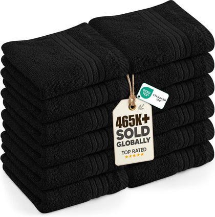 12 Pack Premium Wash Cloths, 12x12 in, 100% Cotton, Black | Highly Absorbent Soft Feel Lightweight Washcloths