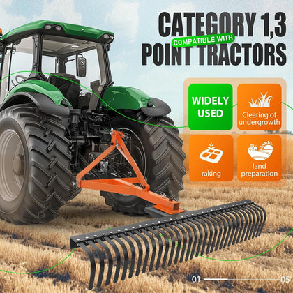 60 in Landscape Rake, 3 Point Rake Compatible with Category-1 Tractor, 360 Degree Rotation Tow-Behind Garden Tool for