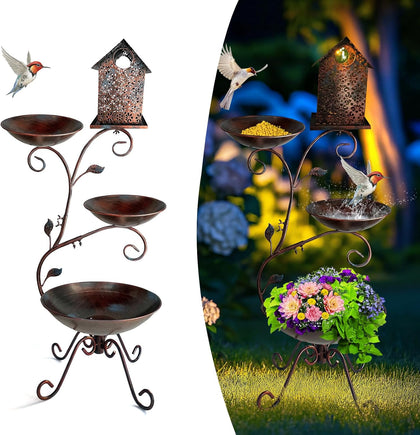 Bird Bath for Outside, 37" Antique Brass Metal Bird Bath Outdoors with Solar Lights, 4-in-1 Rust-Resistant Bird