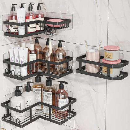 Shower Caddy Corner No Drilling-Adhesive, Shower Shelves-Rustproof | Organizer for Dorm. Black, 4-Pack - with Soap