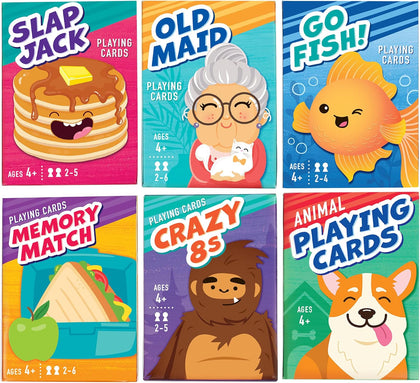 Card Games for Kids, 6 Decks, Go Fish, Old Maid, Crazy Eights, Memory Match, Slap Jack, Animal Playing Cards, Easter