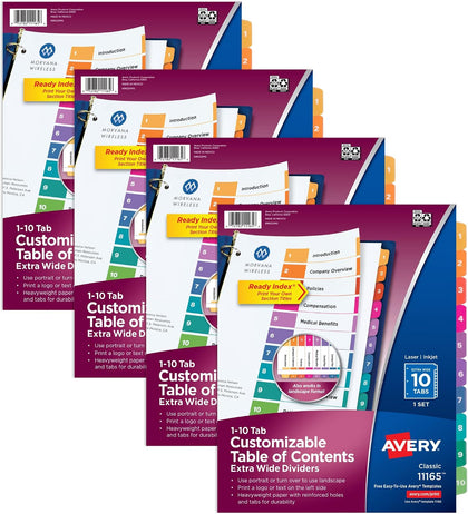 Extra-Wide Dividers for 3 Ring Binders, 10 Tabs per Set, Customizable Table of Contents, Multicolor Tabs, Works Great