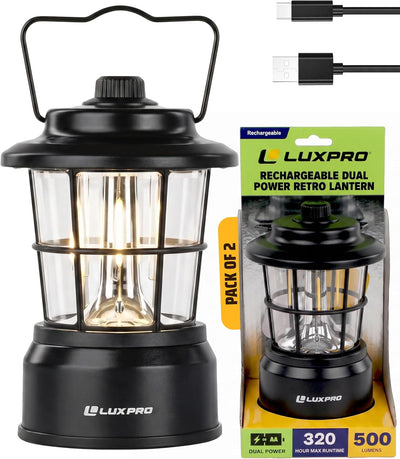 LP1536 Rechargeable Retro Lantern 500 Lumens Dual Power LED Camping Lantern, USB-C, Warm & White Dimmable Light